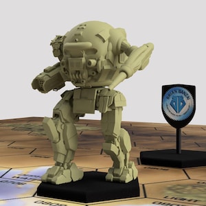 May include: A beige plastic model of a robot, standing on a black base. The robot has a round head with a detailed face and a large gun on its right arm. The robot is standing on a hexagonal tile with the word "LIGHT" printed on it. The robot is part of a board game.