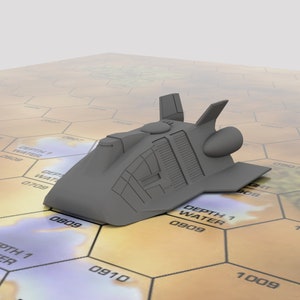 May include: A gray spaceship model with a detailed design, sitting on a hexagonal game board with numbers and text that reads "Depth 1 Water".