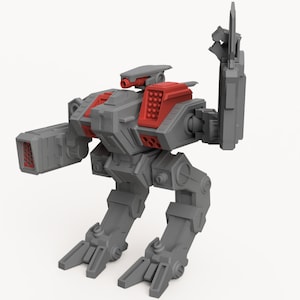 May include: A gray and red robot toy with articulated limbs and a weapon on its arm. The robot has a detailed design and is posed in a standing position.