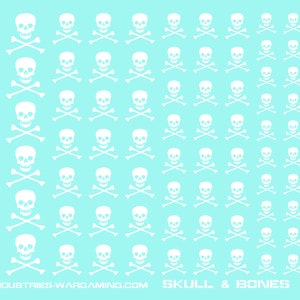 May include: A blue background with a repeating pattern of white skull and crossbones. The text "WWW.DEFIANCEINDUSTRIES-WARGAMING.COM SKULL & BONES" is at the bottom of the image. There are three coins in the image: a US quarter, a British pound coin, and a Euro coin.