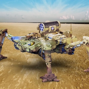 May include: A detailed model of a futuristic, multi-legged vehicle with a camouflage pattern. The vehicle has a large cannon and other weaponry, set against a desert landscape under a blue sky.