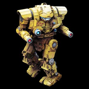 May include: A yellow and brown robot with red and blue lights. The robot has a large head with a visor and the text "MAGIC MAN" on the front.