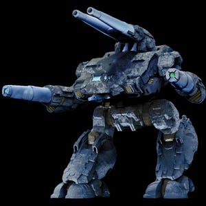 May include: A grey and blue robotic mech with two large cannons on top and two smaller cannons on the sides. The mech has a camouflage pattern and is standing on a black background.