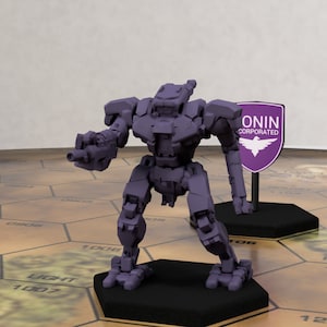 Könnte beinhalten: Ein lilafarbener Plastik-Miniaturroboter mit einer Pistole in der rechten Hand und einem Schild am linken Arm. Der Roboter steht auf einem schwarzen Sockel mit sechseckigem Muster. Das Schild trägt den Text "ONIN INCORPORATED" und ein Vogellogo.