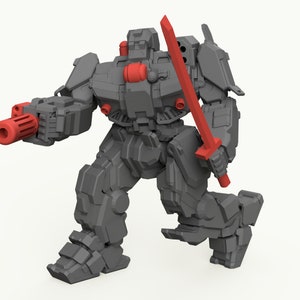 May include: A gray robot with a red sword and a red gun. The robot is in a kneeling position.