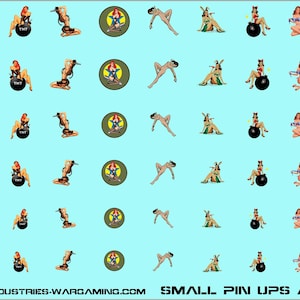 May include: A light blue background with various pin-up girl illustrations, military-themed emblems, and coins. The illustrations depict women in various poses. The text "SMALL PIN UPS ASS" is visible.
