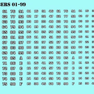 May include: A grid of white numbers from 01 to 99 on a light blue background. The numbers are arranged in rows and columns. Coins, including a US quarter, a Euro coin, and a British pound coin, are in the corners.