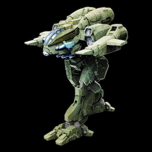 May include: A green and grey military-style robot with a cockpit and multiple weapons. The robot is standing on one leg with its other leg raised.