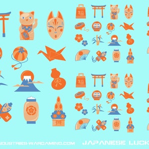 May include: A colorful illustration of Japanese lucky charms, including a red and white torii gate, a golden cat, a fox mask, a red and white daruma doll, a paper crane, a fan, a lucky bag, and a mountain. The image also includes coins from the United States, the United Kingdom, and the Eurozone.