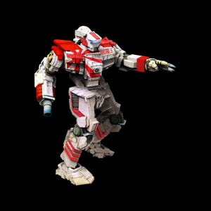 May include: A detailed model of a white and red mech robot, set against a black backdrop. The robot features intricate detailing, with red accents and Japanese text on its chest. The robot is posed dynamically, with one arm extended.