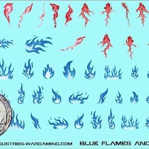 May include: A sheet of blue flames and red lightning bolt decals on a light blue background. The decals vary in size and shape, with some resembling stylized flames and others jagged lightning. The text "BLUE FLAMES AND RED BOLTS" is at the bottom.