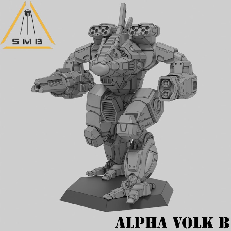 K&ouml;nnte beinhalten: Ein detailliertes graues Modell eines Roboters, der auf einer grauen Basis steht. Der Roboter hat eine gro&szlig;e Waffe, mehrere Kanonen und ein detailliertes Design. Der Text "ALPHA VOLK B" ist unterhalb der Basis aufgedruckt.