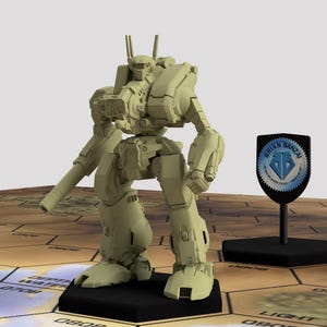 May include: A beige plastic model of a robot with a large gun, standing on a black base. The robot is posed in a walking stance with its arms extended. The model is on a hexagonal tile game board.
