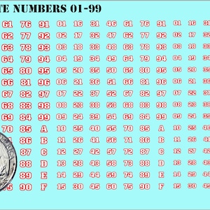 May include: A light blue background displays a grid of red and white numbers from 01 to 99, with letters A through F. A US quarter coin is in the lower left corner, with a gold coin in the upper right.