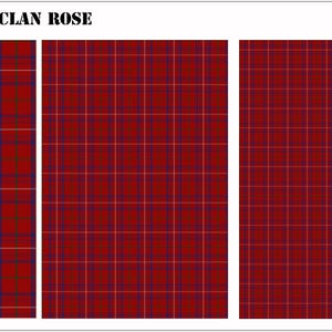May include: A Clan Rose tartan pattern featuring a red base with thin blue and green intersecting lines. The text TARTAN - CLAN ROSE is visible. A British one pound coin is shown for scale, measuring approximately 23.03 mm in diameter.
