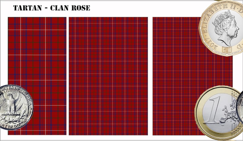 May include: A Clan Rose tartan pattern featuring a red base with thin blue and green intersecting lines. The text TARTAN - CLAN ROSE is visible. A British one pound coin is shown for scale, measuring approximately 23.03 mm in diameter.
