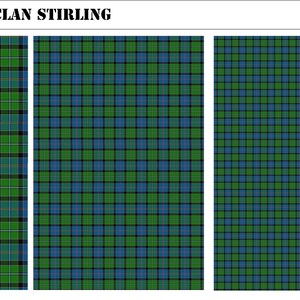 May include: A digital swatch of Clan Stirling tartan fabric featuring a repeating plaid pattern in green, blue, and black with thin red lines. The image includes a British pound coin for scale and the text TARTAN - CLAN STIRLING at the top.