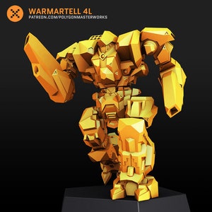 May include: A gold-colored robot figurine with a large arm cannon, standing on a black base. The robot has a geometric design and is posed in a dynamic stance. The text "WARMARTELL 4L" is visible on the base.