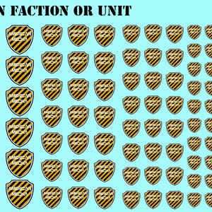 May include: A light blue background displays numerous shield-shaped decals with the text "AMERICAN MECHA" and a black and yellow striped pattern. The image also includes a US quarter, a British pound coin, and a Euro coin, with the text "ANY CANON FACTION OR UNIT" at the top.