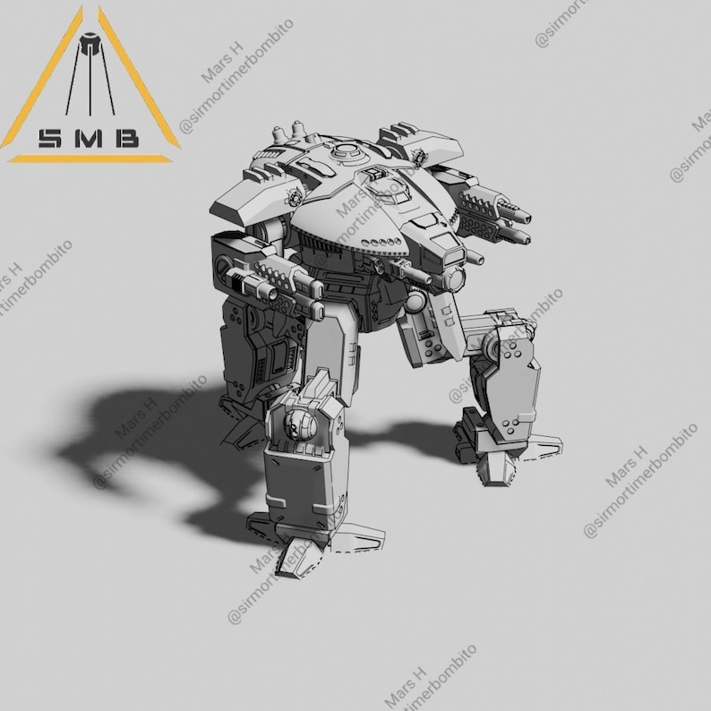 May include: A gray, mechanical war machine with multiple weapon systems and detailed armor plating. The design includes a central cockpit, articulated legs, and a logo with the letters "SMB" and a satellite icon.