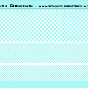May include: White and light blue checkerboard pattern with a US quarter, a British one pound coin, and a Euro coin on top. The text "WHITE & CLEAR CHECKERS - WWW.DEFIANCE-INDUSTRIES-WARGAM" is at the top of the image.