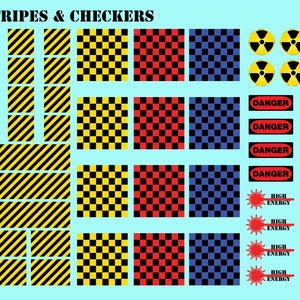 May include: An assortment of stickers with various patterns, including yellow and black stripes, and checkered designs in yellow, red, and blue. Also included are danger symbols, high energy symbols, and the text "DANGER" and "HIGH ENERGY". Coins are also present.