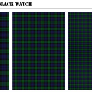 May include: The text TARTAN - BLACK WATCH appears above three vertical panels displaying the Black Watch tartan pattern. Each panel features a repeating grid of dark blue, dark green, and black intersecting lines in varying scales.