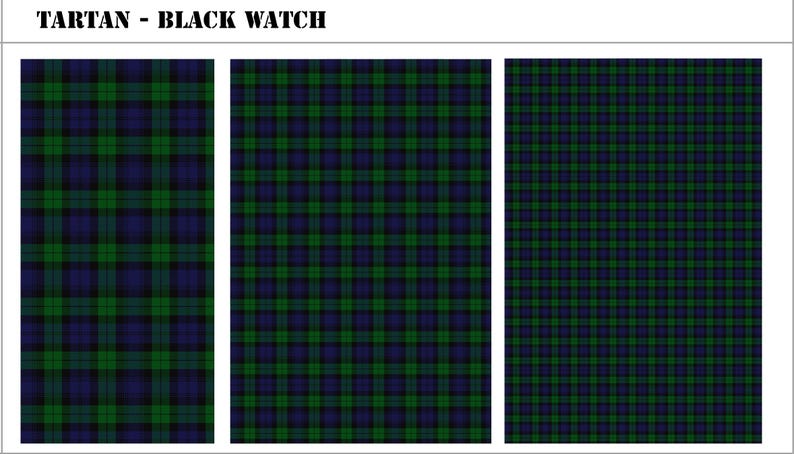 May include: The text TARTAN - BLACK WATCH appears above three vertical panels displaying the Black Watch tartan pattern. Each panel features a repeating grid of dark blue, dark green, and black intersecting lines in varying scales.