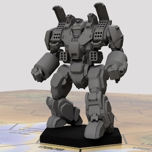 May include: A gray, mechanical robot model with a detailed design. The robot has a boxy torso, large arms, and legs, with multiple missile launchers and other weapon details. It stands on a black base.