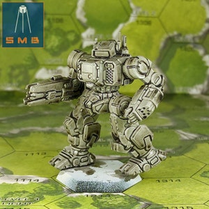 May include: A detailed, hand-painted miniature of a grey and white mech robot with a large gun arm. The robot is standing on a circular base with a textured surface.
