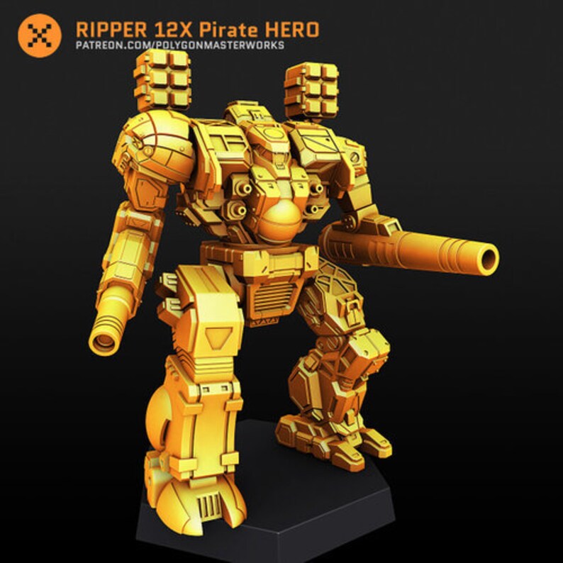 May include: A gold-colored, detailed plastic model of a robot, called "Ripper 12X Pirate Hero", standing on a black base. The robot has a large gun and multiple missile launchers.