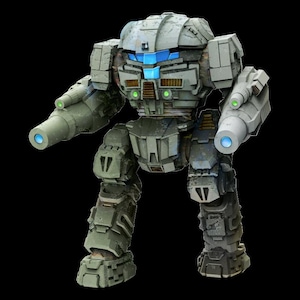 May include: A green and grey robot with two large guns. The robot has a blue light on its head and green lights on its chest.