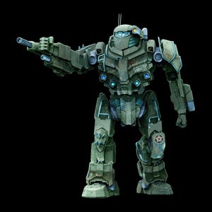 May include: A green and blue robot with a gun in its right hand. The robot has a pentagram on its right leg.
