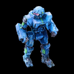 May include: A blue and green robot toy with a helmet and a detailed design. The robot is standing on a black background.