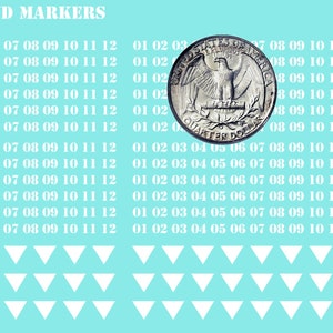May include: A light blue background with the text "NUMBERS AND MARKERS" at the top. The image features rows of numbers, white triangles, and a quarter coin. The quarter coin is silver and has an eagle on the back.