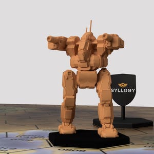 May include: A brown and orange plastic model of a robot, standing on a black base. The robot has a large head with a single eye and two arms with guns. The base has the word "SYLLOGY" printed on it.