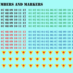 May include: A blue background with rows of red and blue numbers from 01 to 12.  There are yellow triangles with red centers in the bottom rows.  The image also includes a US quarter, a British one pound coin, and a Euro coin.