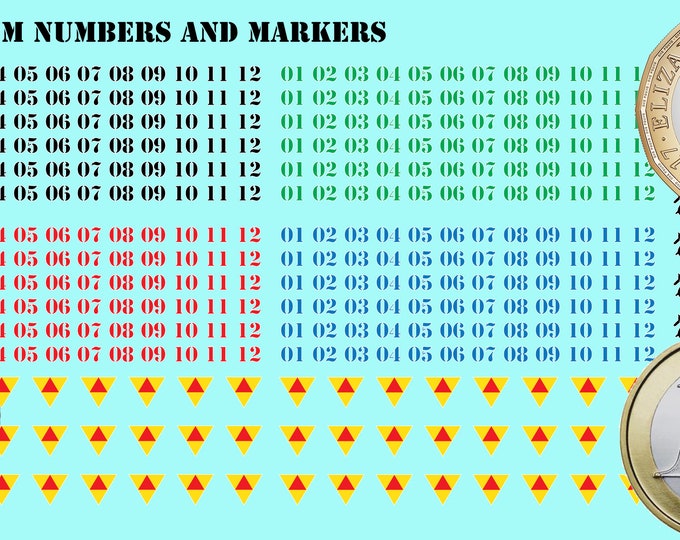 Numbers & Markers - 380x Premium Waterslide Decals for Battletech with white background