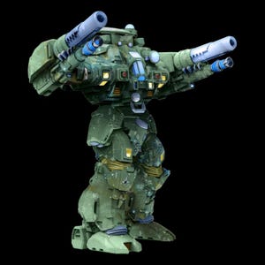 May include: A 3D render of a military mech robot, predominantly olive green with blue and yellow details. The robot has large cannons on each arm. The image is set against a black background.