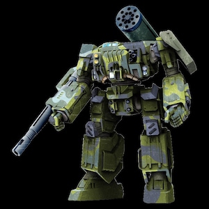 May include: A detailed illustration of a military-style robot, predominantly in green and grey with a camouflage pattern. The robot has a large gun on one arm and a multi-barrelled weapon mounted on its back. The background is black.