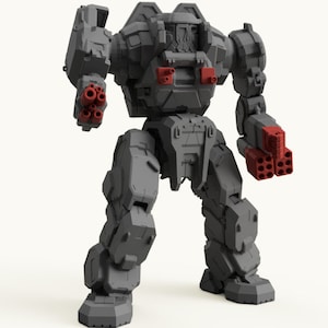 May include: A gray, articulated robot with red missile launchers on both arms. The robot is standing on a white background.