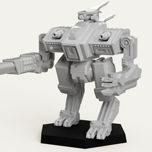 May include: A gray, articulated, robot-like figure with a large gun on its left arm. The figure is standing on a black hexagonal base.