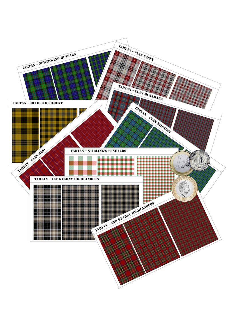 May include: A collection of rectangular paper sheets featuring various tartan patterns labelled Northwind Hussars, Clan Casey, Mcloed Regiment, Clan Mcnamara, Clan Stirling, Clan Rose, Stirling's Fusiliers, 1st Kearny Highlanders, and 2nd Kearny Highlanders.