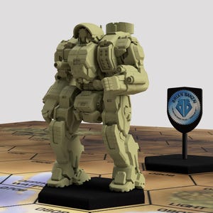 May include: A beige and grey plastic model of a robot, standing on a black base. The robot has a large head with a visor, and a large gun on its right arm. The robot is standing on a hexagonal tile with the text "DEATHSTAR" printed on it. The robot is standing on a table with a brown wooden surface.