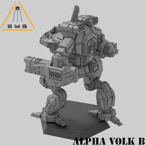 K&ouml;nnte beinhalten: Ein detailliertes, graues Modell eines Roboters, der Alpha Volk B, mit einer gro&szlig;en Waffe am linken Arm. Der Roboter steht auf einem sechseckigen Sockel.