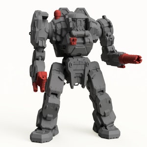 May include: A gray and red robotic mech figure with a detailed, angular design. The figure has a large torso, articulated limbs, and red weapon attachments on its arms. The robot stands on a white background.