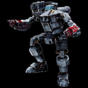May include: A grey and silver robot with red fists. The robot has a large head with a visor and a small antenna. The robot is standing on a black background.