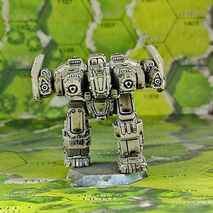 May include: A detailed, painted miniature of a grey and white robot with a futuristic design. The robot has a large head with two large eyes and a small mouth. The robot is standing on a grey base.