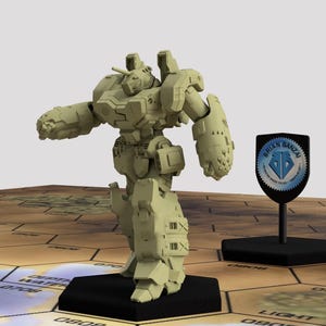 May include: A beige plastic model of a robot with a large gun on its arm. The robot is standing on a black base and is on a hexagonal tile game board. The robot is labelled "BRIAN BANZAI".