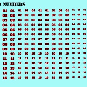 May include: A blue background with black and red numbers from 01 to 15. The numbers are arranged in a grid pattern. There are three coins on the image, one British pound coin, one US quarter, and one Euro coin.